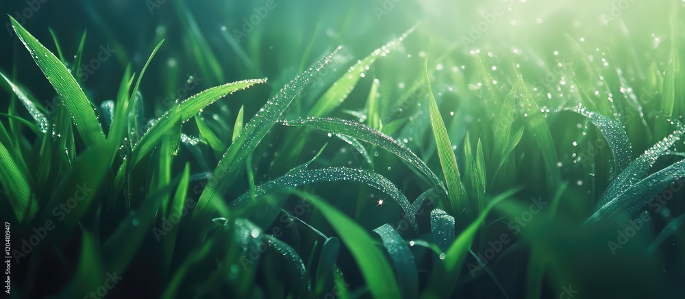 Poster dew covered grass blades in natural light with shallow depth of field and copy space for text placem