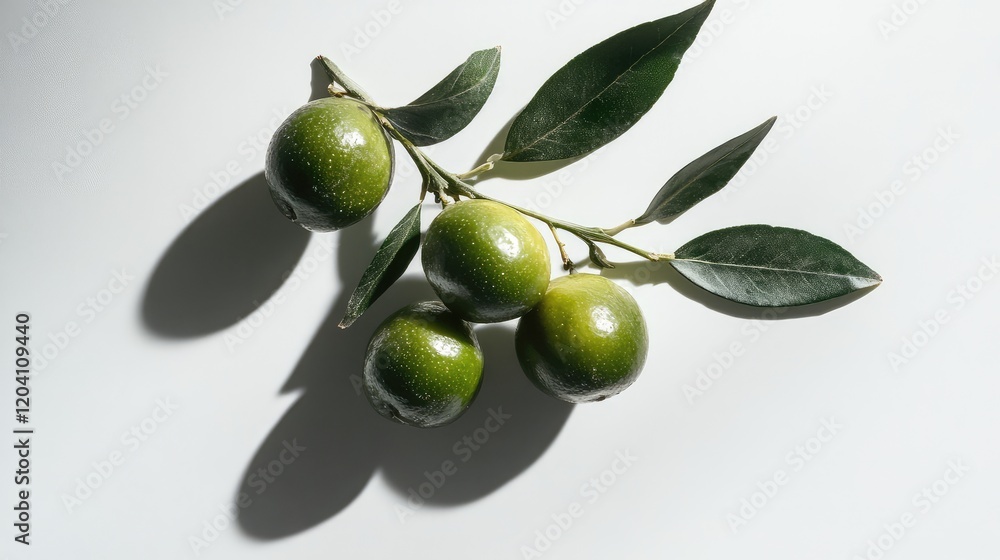 Aufkleber fresh green limes on branch with leaves arranged on light surface with shadows and copy space for te