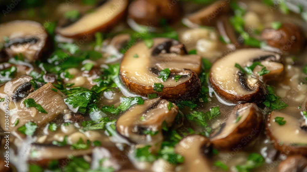 Aufkleber close-up of sliced mushrooms in broth with herbs, featuring soft focus and copy space for text inser