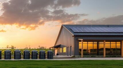 Obraz premium A modern building with solar panels, set against a stunning sunset, featuring a grassy area and multiple containers in the foreground.