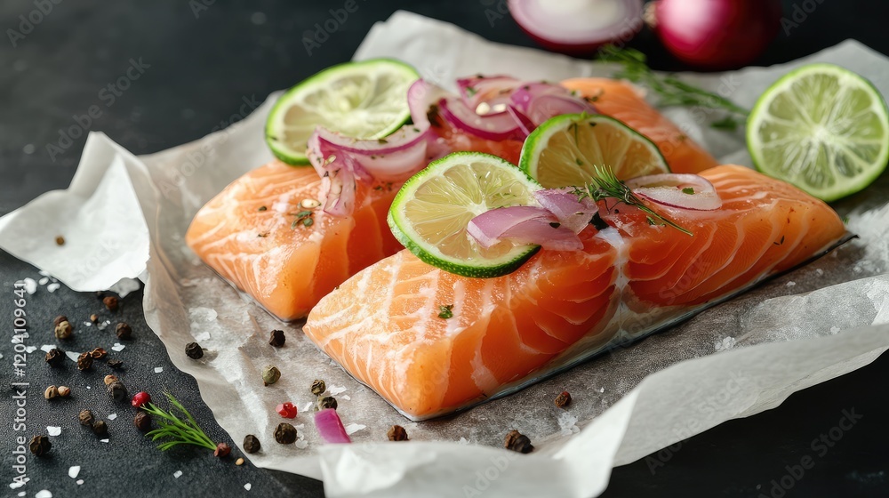 Poster fresh salmon fillets with lime slices and red onion on parchment paper with herbs and spices copy sp