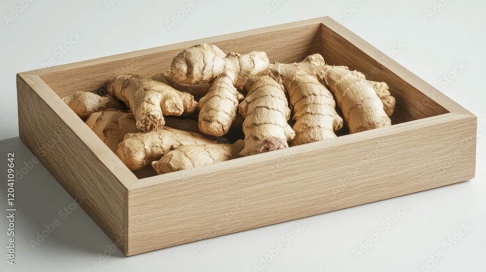 Poster fresh ginger root arranged in a wooden box with copy space for text placement.