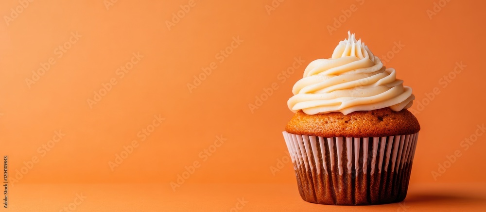 Poster cupcake with vanilla frosting on orange background with copy space for text
