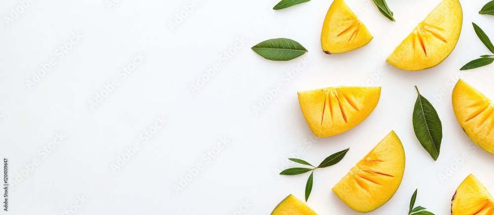 Aufkleber fresh yellow mango slices arranged on a white background with green leaves and ample copy space for 