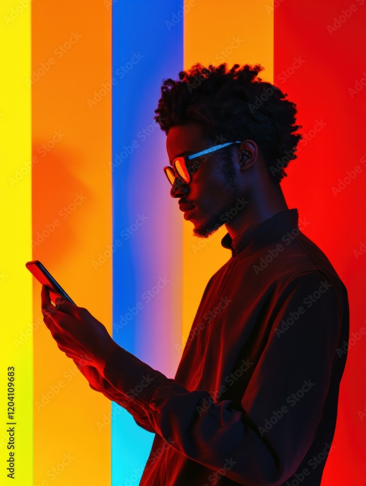 Poster Man engaged with smartphone against colorful backdrop during evening hours in urban setting. Generative AI