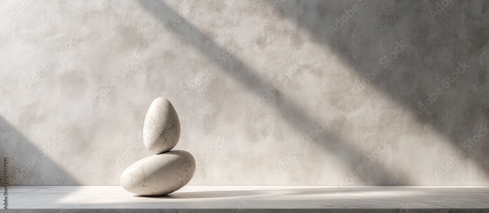 Poster stacked stones on a table with textured gray wall in the background and natural lighting casting sha