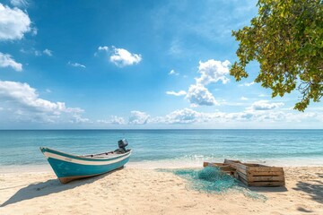 Obraz premium Inviting coastal landscape with a boat on sandy beach and clear blue waters under a vibrant sky. Generative AI
