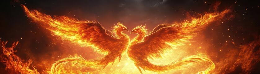 Fototapeta premium Two phoenixes rising, fiery embrace