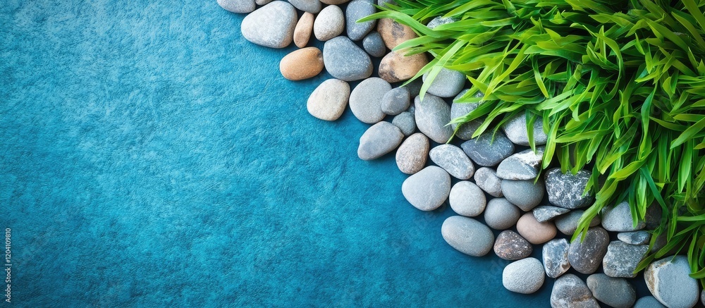 Poster pebbles and grass on a textured blue background with copy space for text placement.