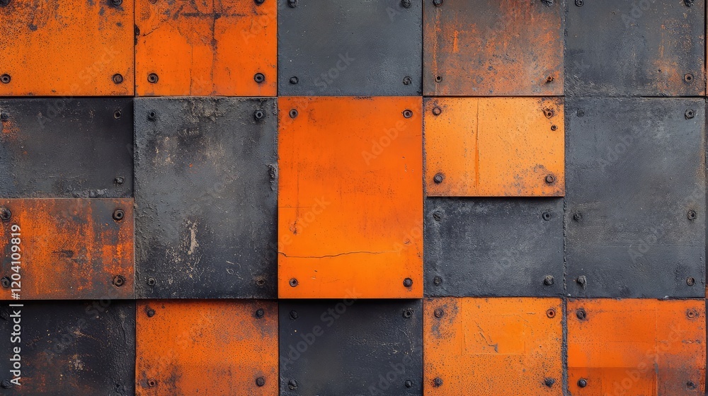 Poster rusty metal plates with orange and black textures arranged in a grid pattern suitable for background