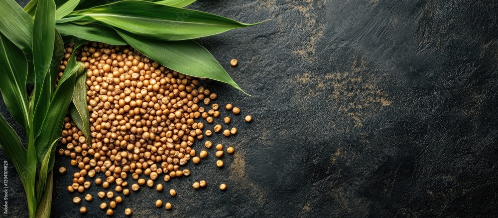 Poster grains of mustard seeds scattered on a dark surface with green leaves and ample copy space for text 