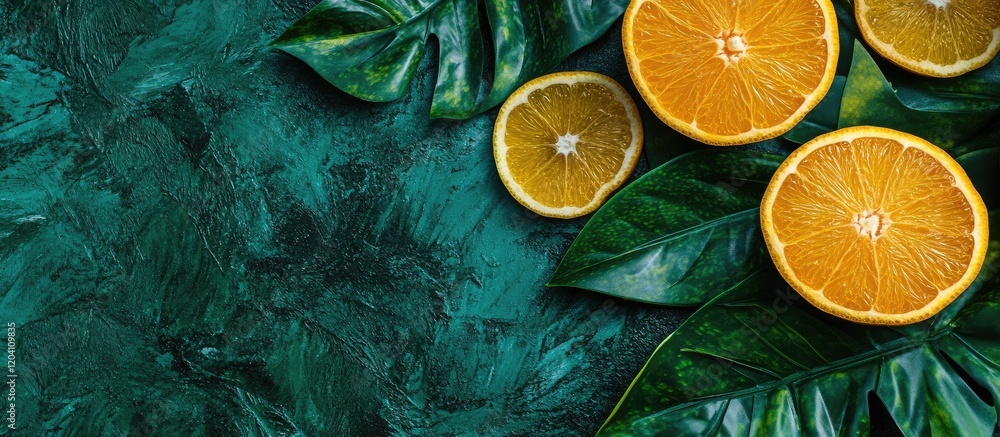 Poster sliced oranges on dark green leaves with textured background and copy space for text insertion