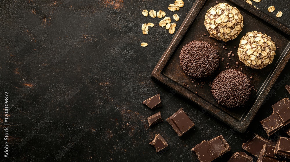 Aufkleber assorted gourmet cookies and chocolate pieces on a dark textured background with oats and copy space