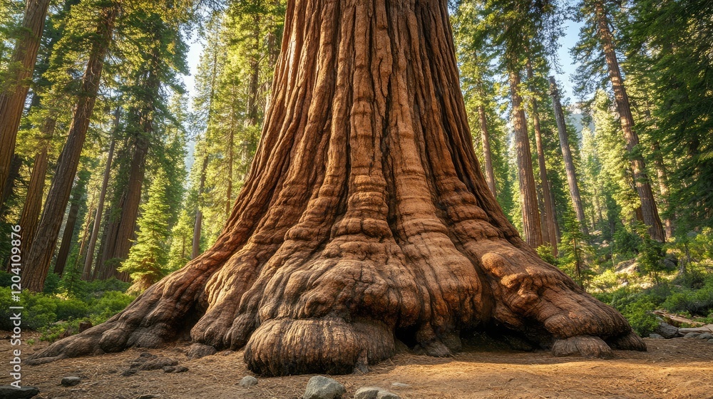 Poster giant sequoia tree trunk with textured bark and towering height surrounded by lush green forest copy