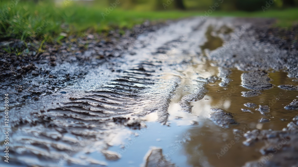 Aufkleber wet muddy path with tire tracks reflecting light and greenery in background copy space