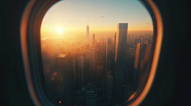 Fototapeta A serene summer morning cityscape seen through an airplane window, skyscrapers standing tall under the rising sun.