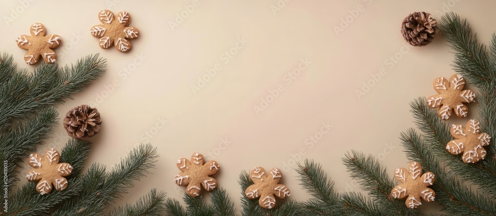 Aufkleber gingerbread cookies and pine cones arranged on a light background with ample copy space for text and