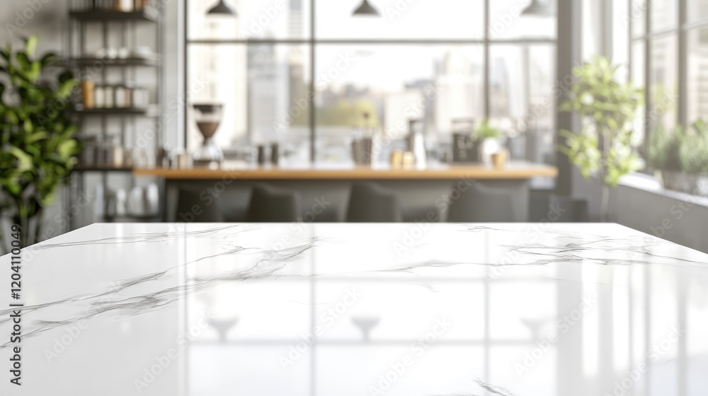 Poster modern interior cafe with marble table surface in foreground and blurred city view through large win