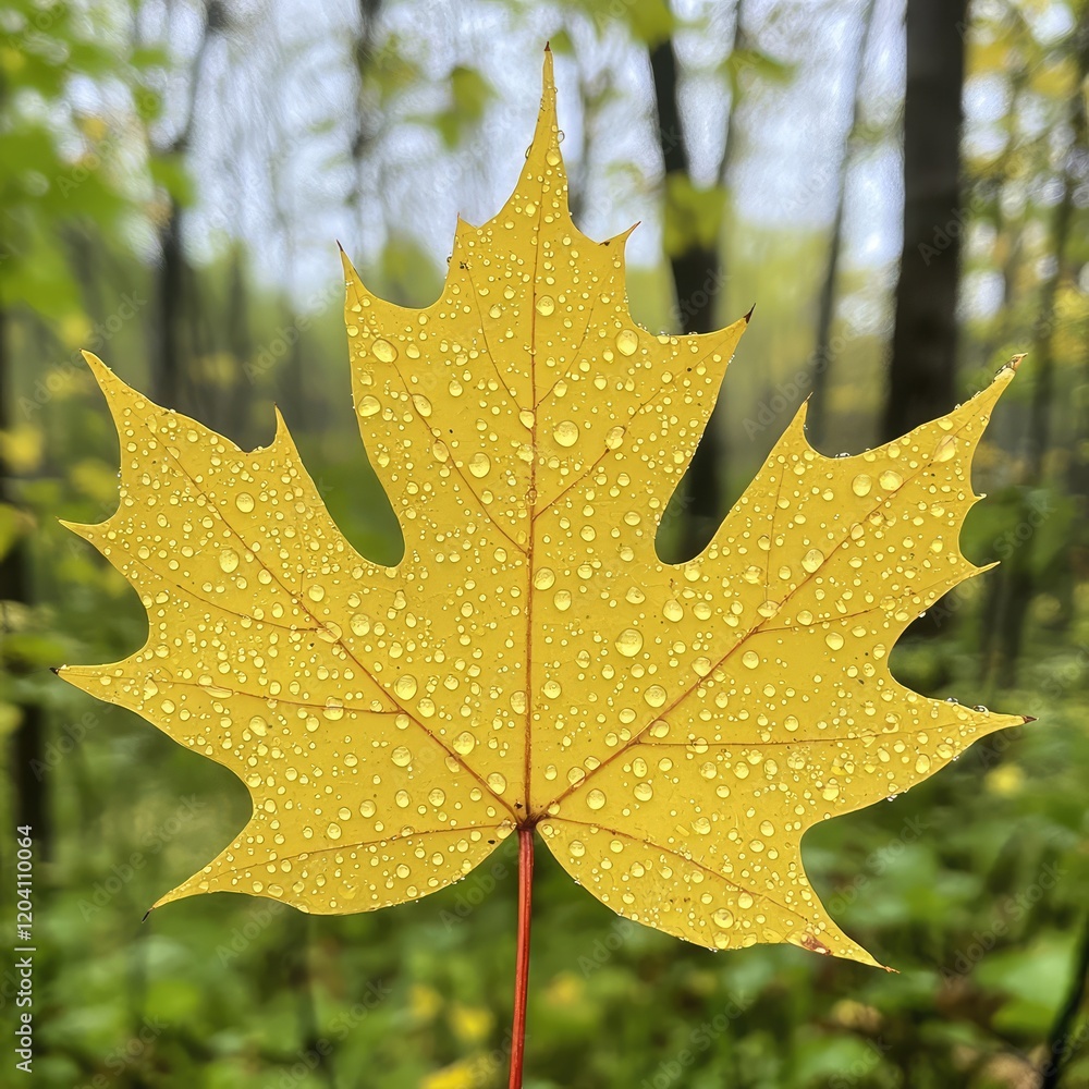 Poster yellow maple leaf with water droplets captured in a forest environment during fall season with blurr