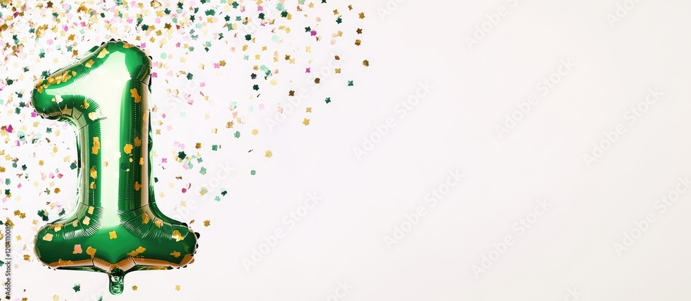 Poster green number one balloon with confetti scattered on a light background featuring ample copy space fo