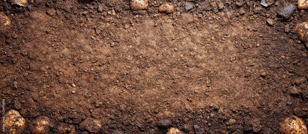 Aufkleber brown soil texture background with rocks and copy space for text scatter on earth ground surface