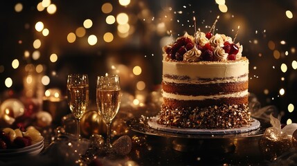Festive chocolate layer cake with raspberries and cream decorations surrounded by sparkling decorations and champagne glasses on a celebratory table Copy Space