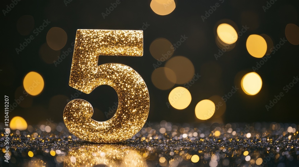 Poster glittery golden number five on a reflective surface with a soft bokeh background and copy space for 