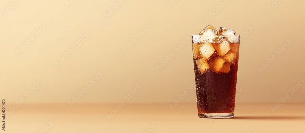 Aufkleber iced beverage in a clear glass with ice cubes against a beige background with ample copy space for t