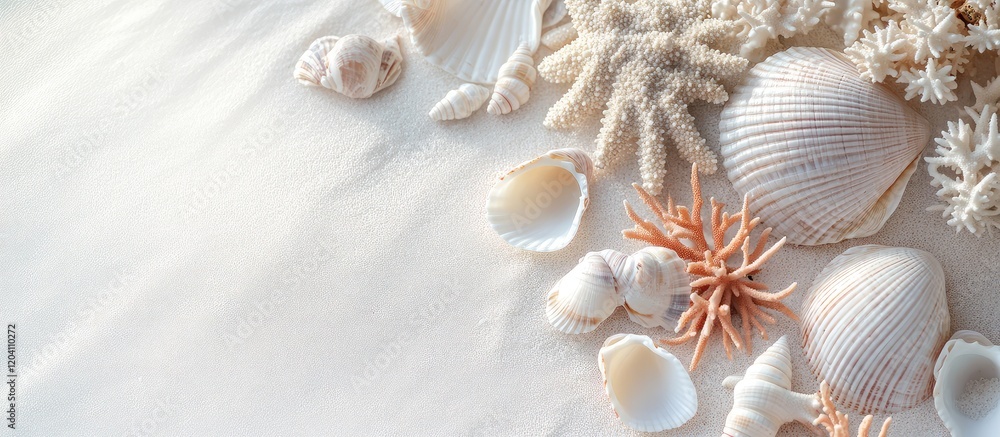 Poster assorted seashells and starfish on sandy beach background with copy space for text