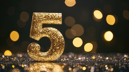 Glittery golden number five on a reflective surface with a soft bokeh background and copy space for text placement