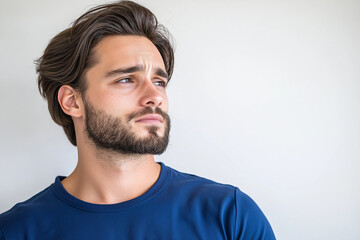 Fototapeta premium young man with beard and stylish hair looks thoughtfully to side, wearing blue shirt against neutral background. His expression conveys contemplation and introspection