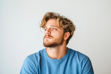 Fototapeta premium young man with curly hair and beard is looking thoughtfully to side, wearing blue shirt against light background. His expression conveys sense of contemplation and introspection