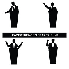 Vector Illustration of Leader Speaking Near Tribune. Wearing a Suit and Tie. Simple Flat Design Depicting Professional Leadership, Public Speaking, and Political Influence.