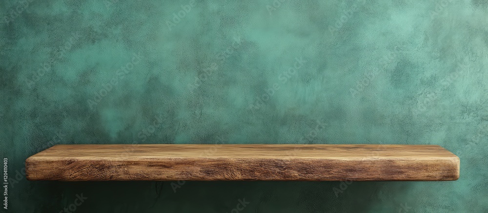 Poster wooden shelf against a textured green background with copy space for product or branding use