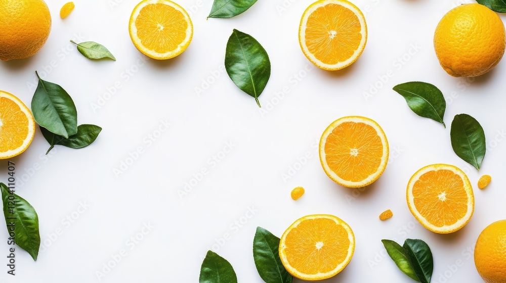 Poster fresh oranges and orange slices surrounded by green leaves on a white background with ample copy spa