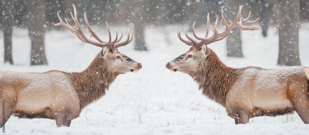 Poster two majestic deer facing each other in a snowy forest during a snowfall with blurred trees in the ba