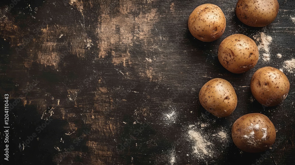 Aufkleber raw potatoes arranged on a dark wooden surface with flour scattered, featuring copy space on the lef