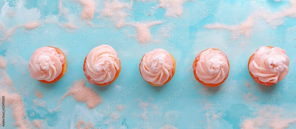 Aufkleber five pastel cupcakes with swirled frosting arranged in a line on a blue textured background with cop