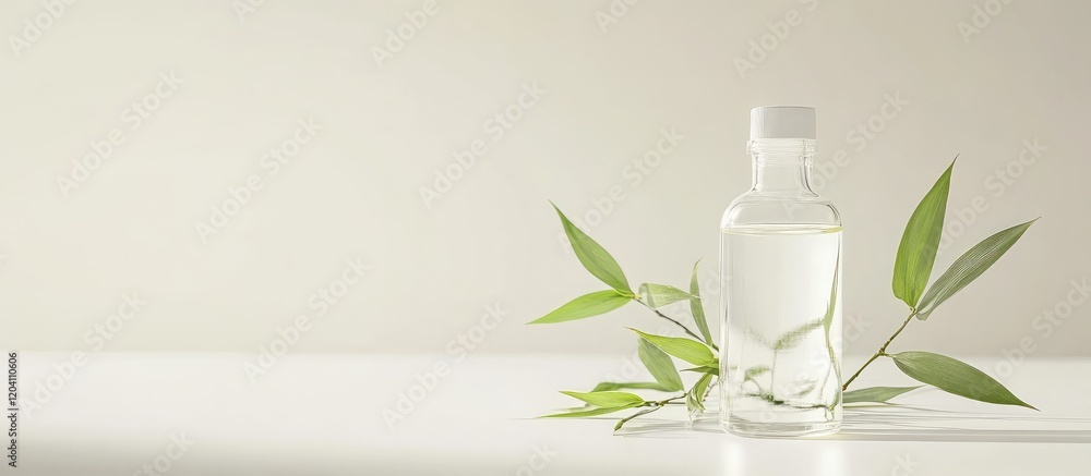 Poster transparent bottle of water with bamboo leaves on a minimalist background with copy space for text o