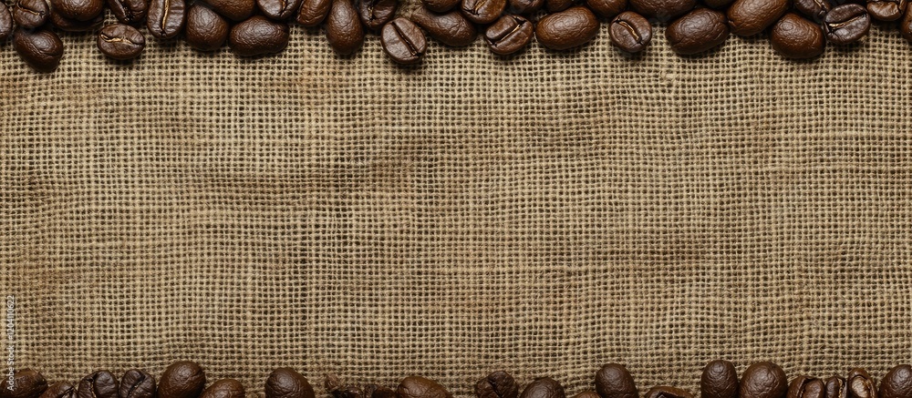 Poster coffee beans border on burlap background with ample copy space for text insertion.