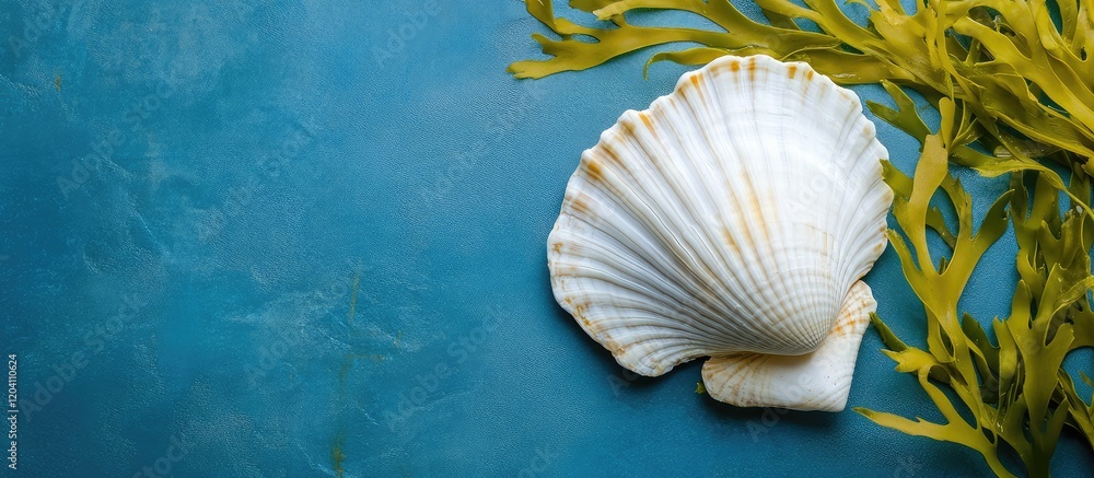Poster seashell on blue background with seaweed copy space for text