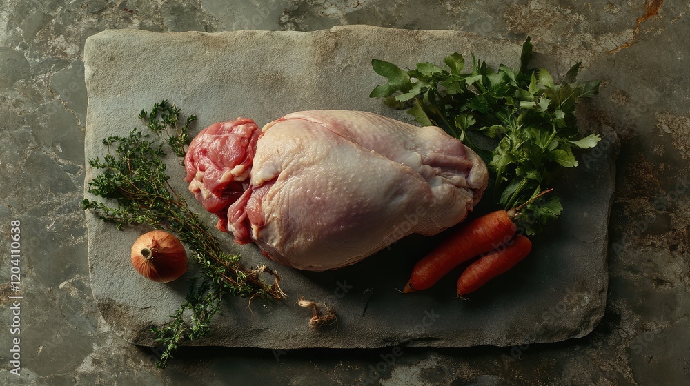 Poster raw duck breast with fresh herbs and vegetables on a stone surface with copy space for text placemen