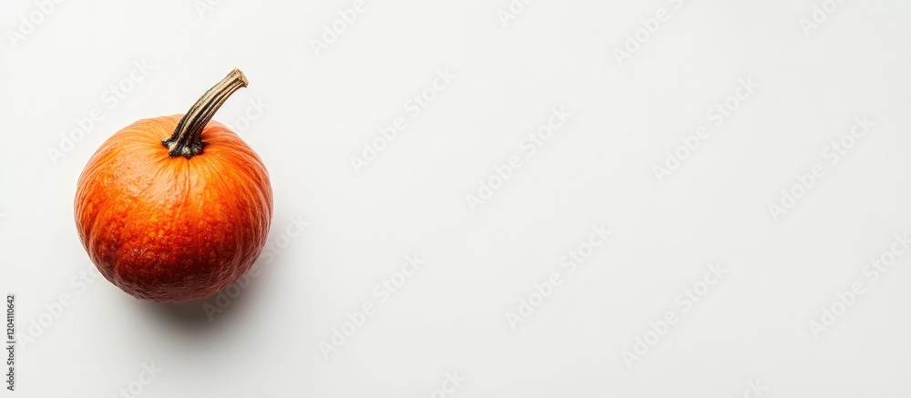 Poster single orange pumpkin on a plain white background with ample copy space for text placement.