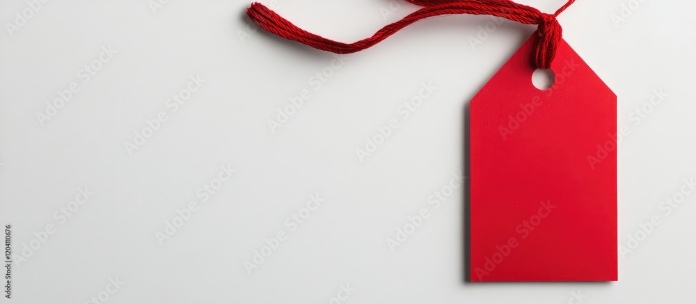 Poster red blank price tag with a string on a white background with copy space for text.