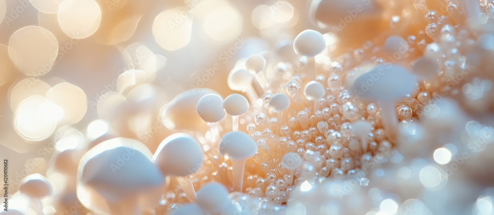 Poster close-up of white mushrooms with soft blurred background and bokeh effect showcasing smooth textures