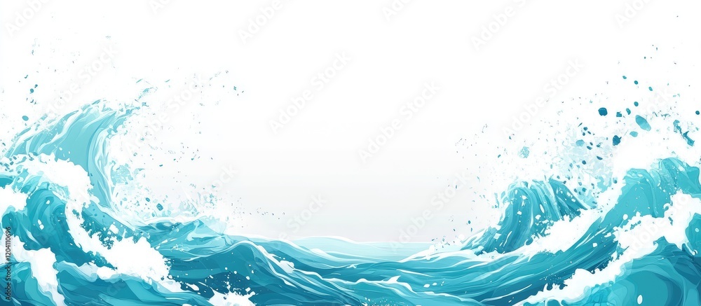Leinwandbilder Abstract wave patterns in vibrant turquoise colors with splashes on a white background, ideal for design projects with copy space.