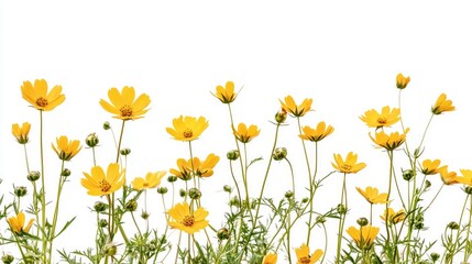 Yellow wildflowers with green stems and leaves against a white background Copy Space