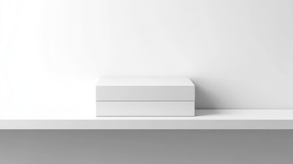 White rectangular box on a simple white shelf against a minimalistic wall with Copy Space for text placement.