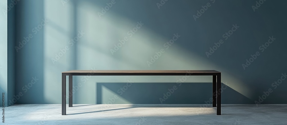 Poster minimalist interior with a wooden table against a blue wall and soft shadow patterns, featuring ampl