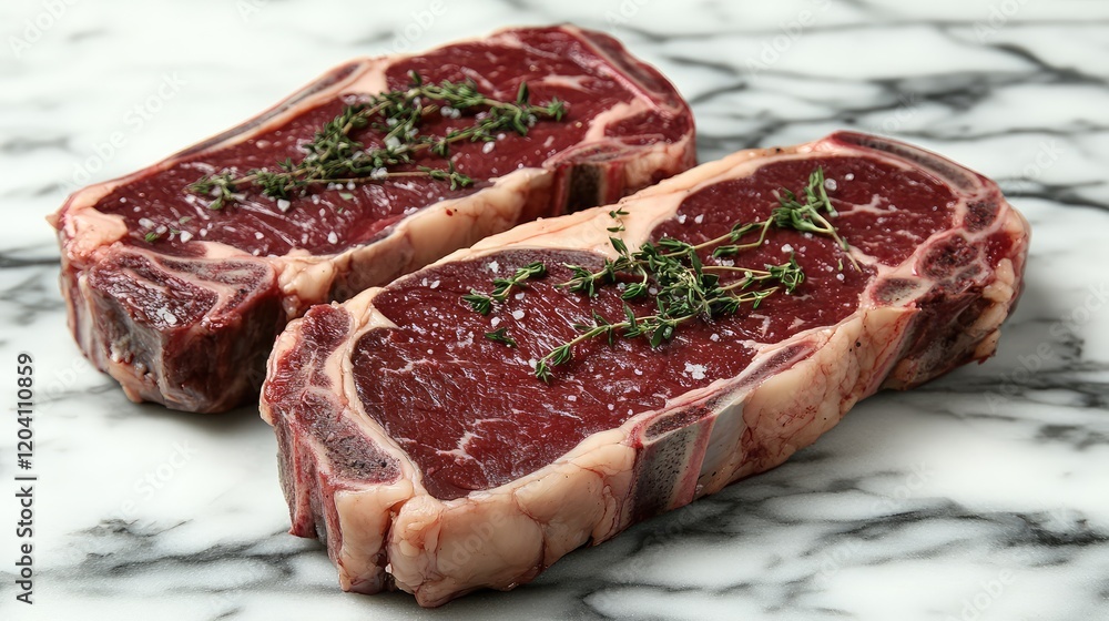 Aufkleber raw ribeye steaks with thyme on a marble countertop displaying marbling and texture copy space